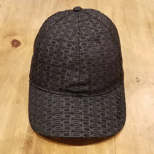 Discover Bebe Brand Hat Cap Strap Back AOP Allover Spell Out Logo Black Adjustable