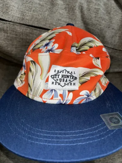 Discover City Hunters Hat Unisex Adjustable Orange AOP Cap Hawaiian Flowers Blue Vtg USA