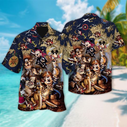 Discover Pirates of the Caribbean Mickey Mouse Hawaiian Shirt, Pirate Treasure Minnie Pluto Goofy Button Up, Pirate Mickey Hawaii Tee