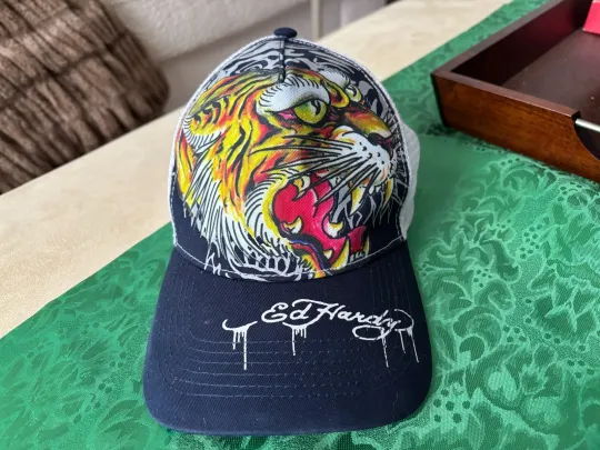 Discover Ed Hardyy Tiger Tattoo AOP Blue White Mesh Trucker Hat Adjustable Snapback
