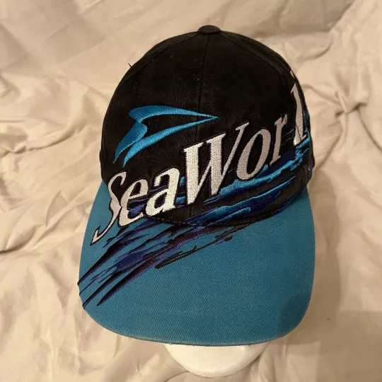 Discover (Has Flaws) Seaworld Spellout Hat Splash Cap AOP All Over Print Shamu Vtg Merch