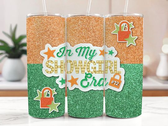 Discover Showgirl Era Tumbler for Taylor Fans; Orange and Green Cup