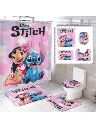 Discover Stitch Disney Cartoon Shower Curtain Set, Lilo and Stitch Toilet Seat Cover Set