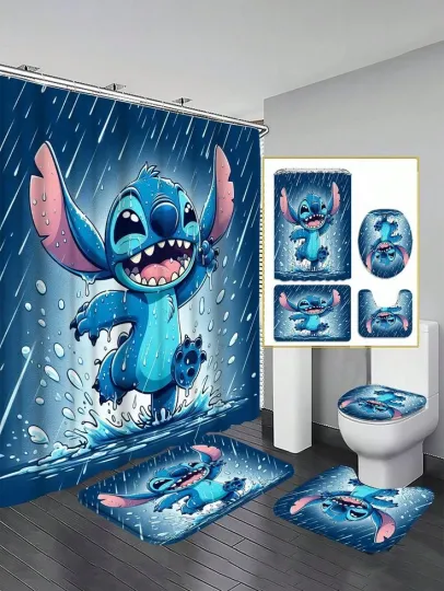 Discover Stitch Cartoon Shower Curtain and Toilet Seat Cover Set, 4-piece Bathroom Accessories