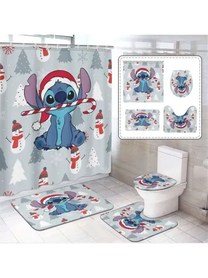 Discover Stitch Cartoon Shower Curtain and Toilet Seat Cover Set for Bathroom