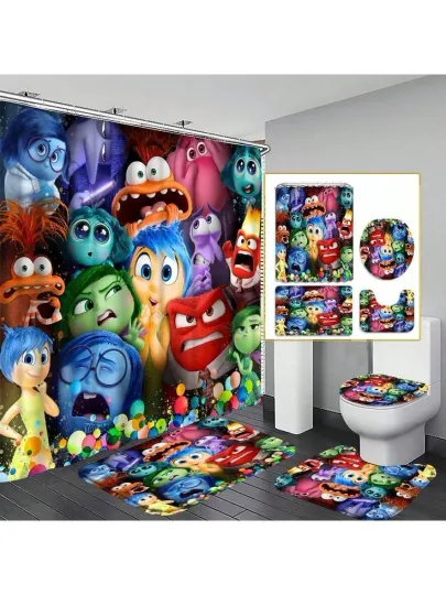 Inside Out Cartoon Shower Curtain and Toilet Seat Cover Set