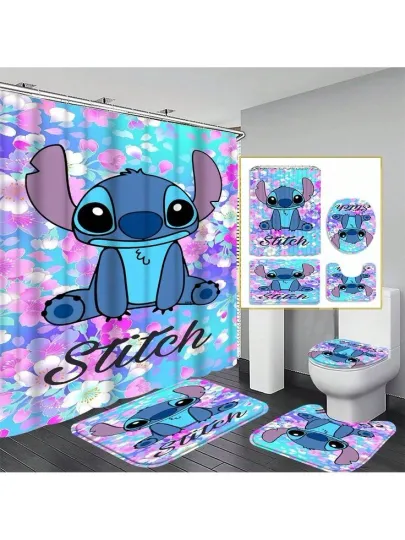 Discover Stitch Disney Cartoon Bathroom Set Shower Curtain and Toilet Seat Cover 4-piece