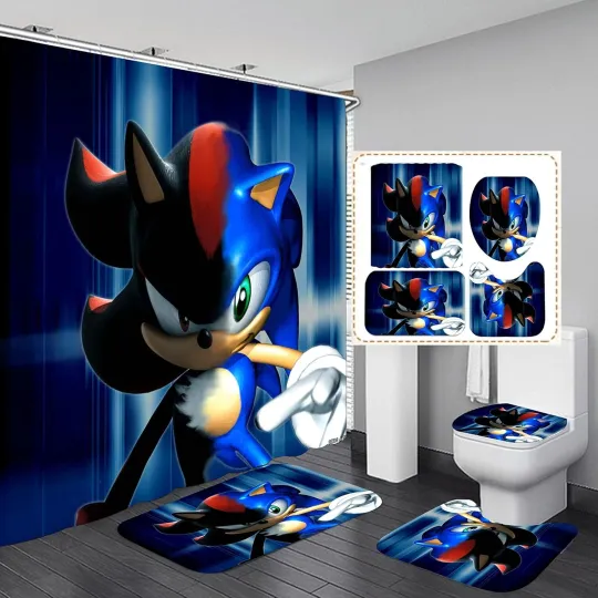Discover Sonic Cartoon Shower Curtain Set and Disney Cartoon Toilet Seat Cover Set for Bathroom