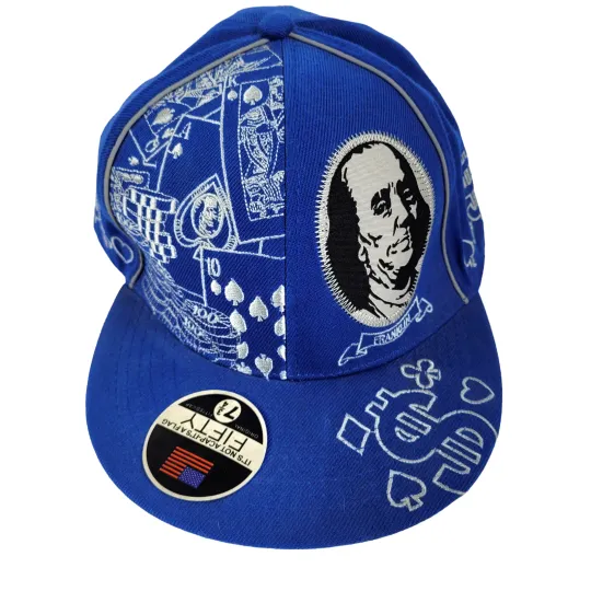 Discover Flag Fifty Cap Hat AOP Benjamin Poker Cards Dollar Sign 7-3/4 Fitted USA Vintage
