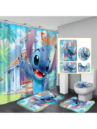 Stitch Cartoon Shower Curtain and Toilet Seat Cover Set for Bathroom Decor
