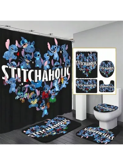 Stitch Cartoon Shower Curtain and Toilet Seat Cover Set, 4-Piece Bathroom Accessories