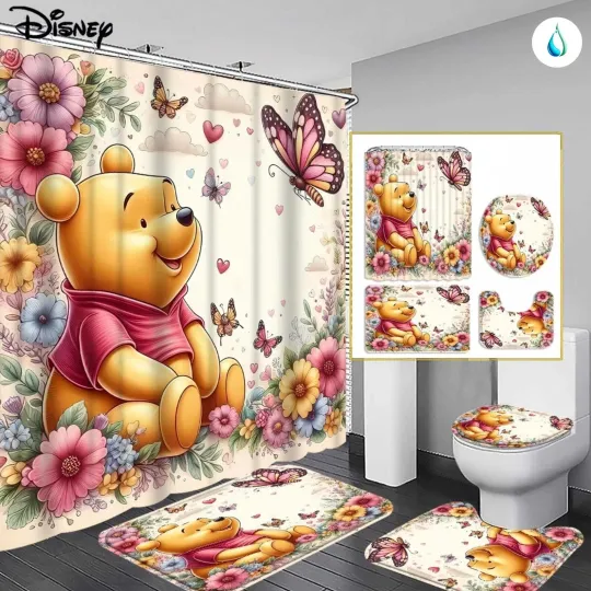 Discover Disney Pooh Cartoon Shower Curtain and Toilet Seat Cover Set for Bathroom