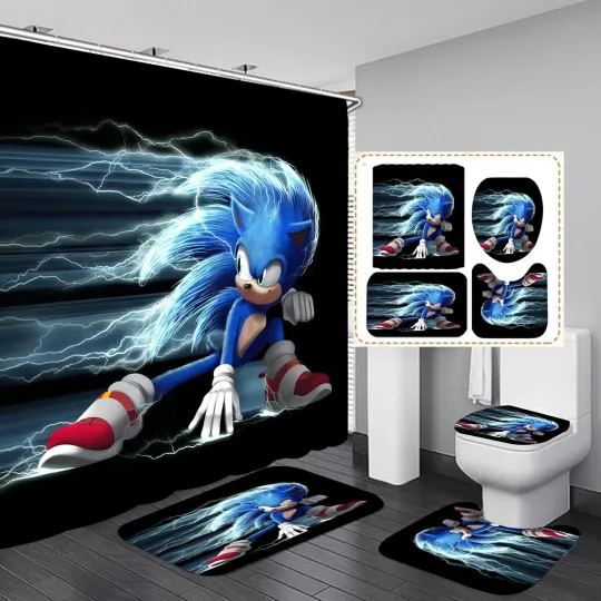 Discover Sonic Cartoon Shower Curtain Set with Disney Cartoon Toilet Seat Cover Set