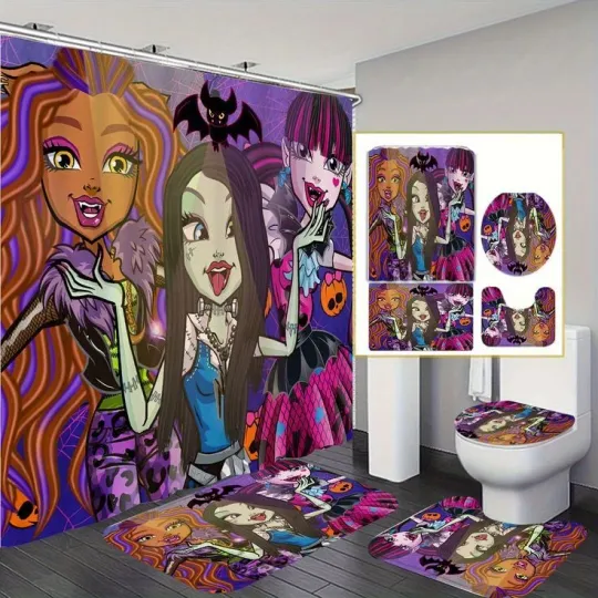 Monster High Cartoon Shower Curtain Set, Monster High Toilet Seat Cover Set