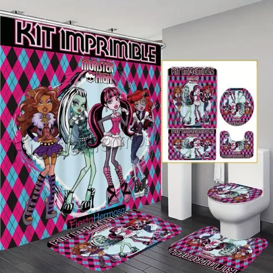Monster High Cartoon Bathroom Set - Shower Curtain and Toilet Seat Cover