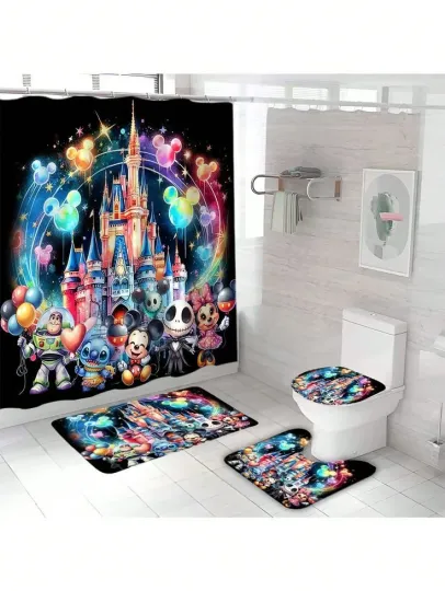 Pooh Disney Cartoon Shower Curtain and Toilet Seat Cover Set for Bathroom
