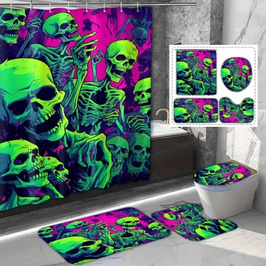 Green Skull Halloween Shower Curtain Set with Toilet Seat Cover - Four-Piece Bathroom Accessory Set