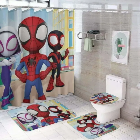 Discover Spiderman Cartoon Shower Curtain Set, Spiderman Toilet Seat Cover Set