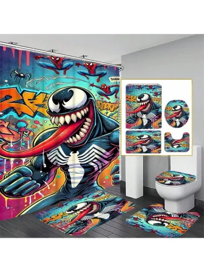 Discover Monster Cartoon Shower Curtain Set, Demon Cartoon Toilet Seat Cover Set