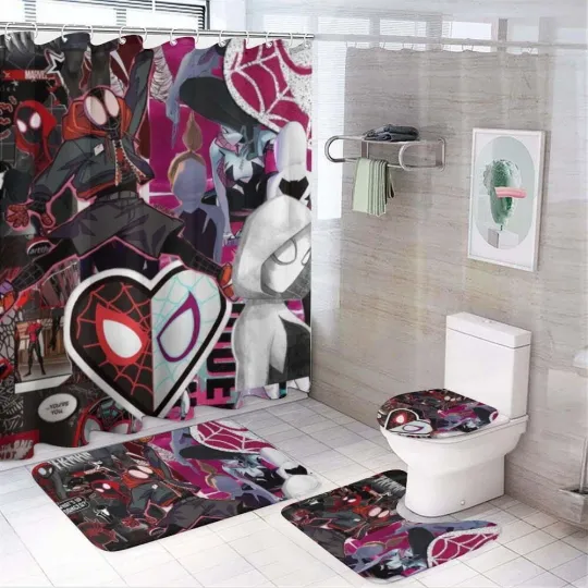 Discover Spider-Man Cartoon Shower Curtain Set, Spider-Man Cartoon Toilet Seat Cover Set