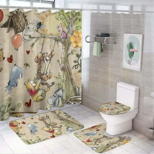 Discover Pooh Disney Cartoon Shower Curtain Set, Pooh Bear Cartoon Toilet Seat Cover Set