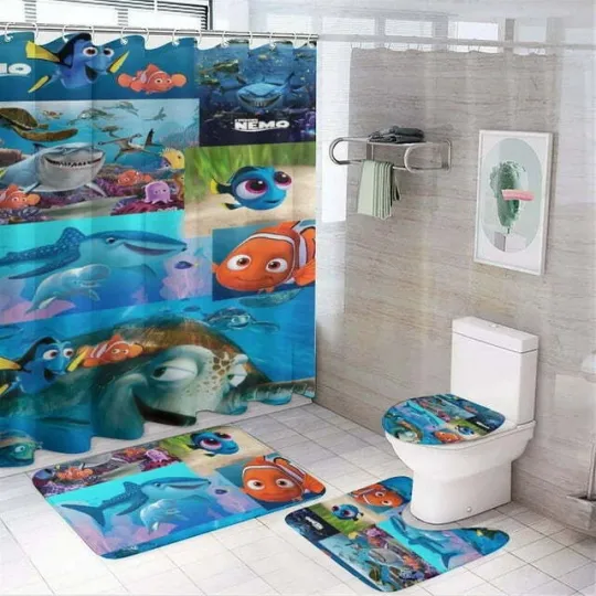 Discover Nemo Cartoon Shower Curtain Set, Nemo Cartoon Toilet Seat Cover Set