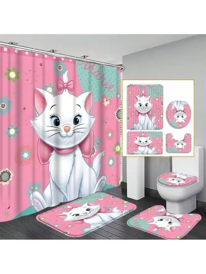 Discover Cat Pink Cartoon Shower Curtain Set, Kitten Cartoon Toilet Seat Cover Set