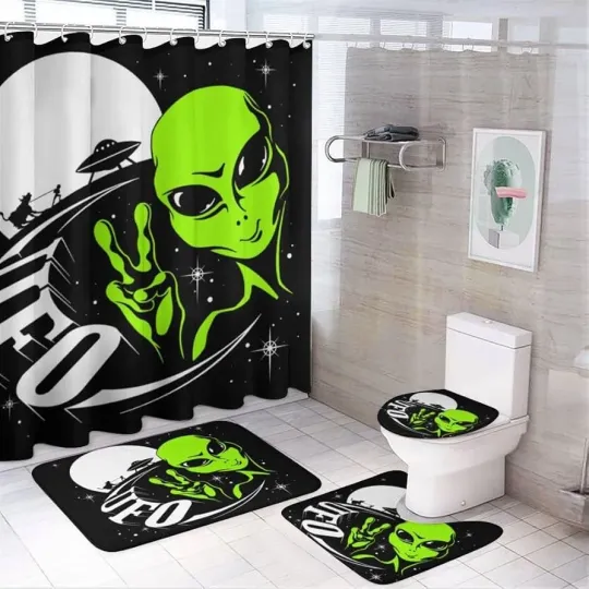 Discover UFO Shower Curtain Set, Aliens Toilet Seat Cover Set