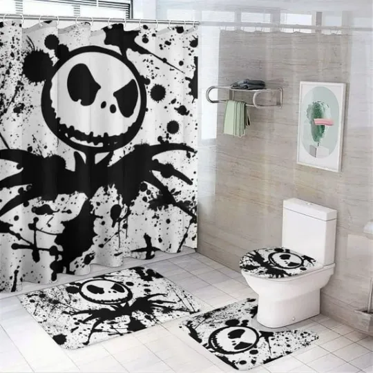 Discover Skulls Shower Curtain Set and Halloween Toilet Seat Cover Set for Bathroom Decor