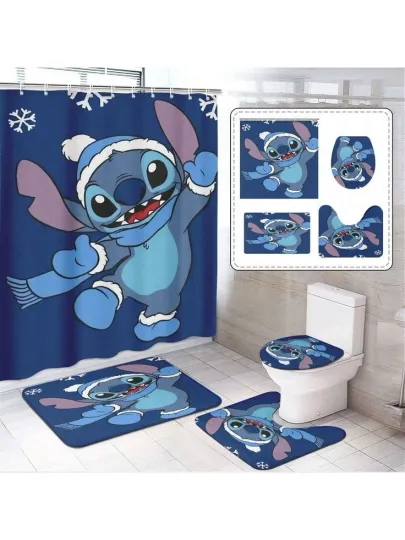 Discover Stitch Cartoon Shower Curtain Set and Toilet Seat Cover Set, 4-piece Bathroom Accessories