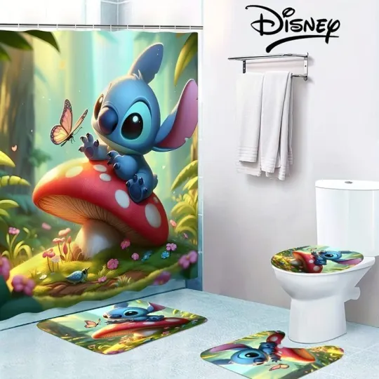 Discover Stitch Cartoon Shower Curtain Set, Disney Cartoon Toilet Seat Cover Set