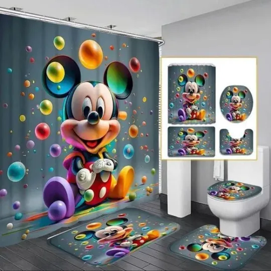 Discover Mickey Cartoon Shower Curtain and Toilet Seat Cover Set for Bathroom Decor