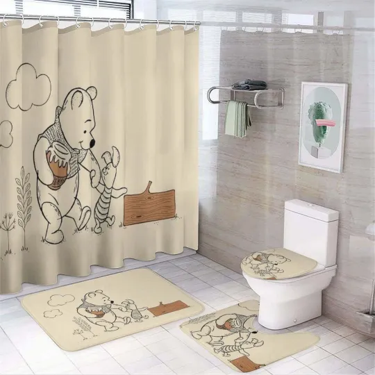 Discover Pooh Disney Cartoon Shower Curtain Set and Toilet Seat Cover Set for Bathroom