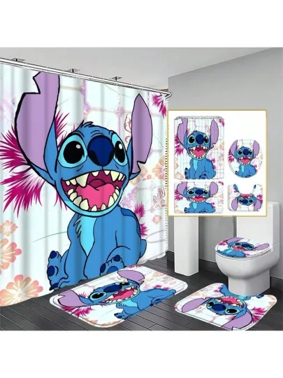 Four-Piece Bathroom Set with Stitch Cartoon Shower Curtain and Toilet Seat Cover in Blue
