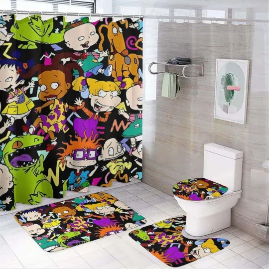 Discover Rugrats Cartoon Shower Curtain and Toilet Seat Cover Set for Bathroom