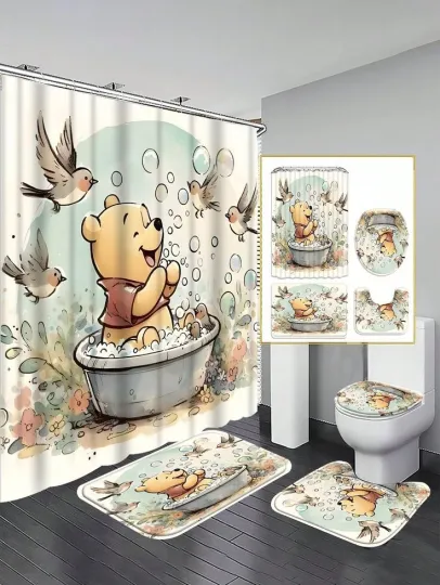 Discover Pooh Disney Cartoon Shower Curtain and Toilet Seat Cover Set, Bathroom Accessories, Four-piece