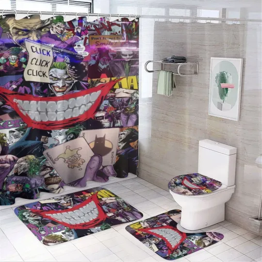 Discover Joker Shower Curtain Set and Toilet Seat Cover Set Four-piece Bathroom Accessories