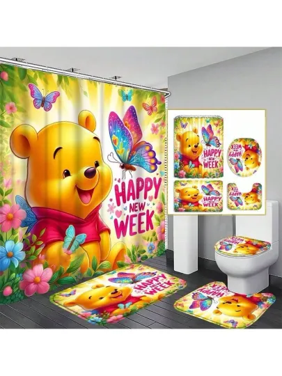 Discover Pooh Disney Cartoon Shower Curtain Set and Toilet Seat Cover Set - Bathroom Accessories