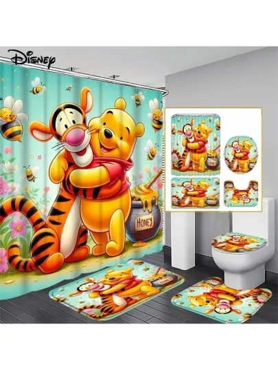 Pooh Disney Cartoon Shower Curtain and Toilet Seat Cover Set, 4-Piece Bathroom Accessories