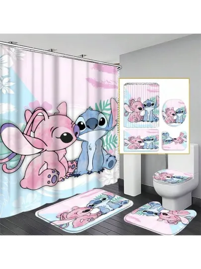 Discover Stitch Cartoon Shower Curtain Set with Disney Toilet Seat Cover Set