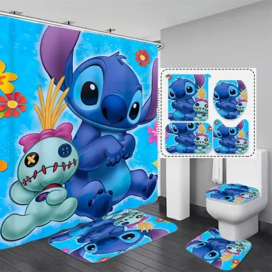 Discover Stitch Disney Cartoon Shower Curtain and Toilet Seat Cover Set