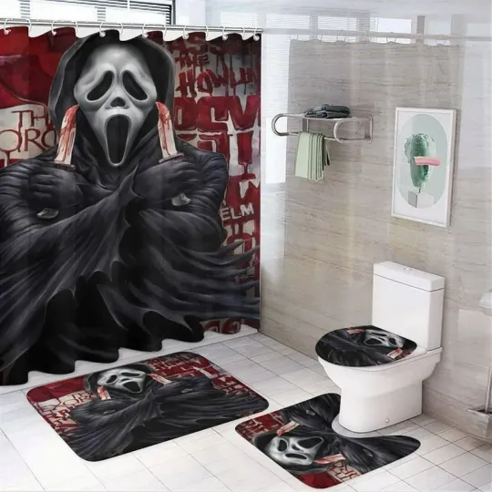 Discover Ghostface Shower Curtain Set and Scream Toilet Seat Cover Set, 4-piece Bathroom Accessories
