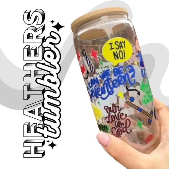 Discover Heathers Inspired Tumbler - New Hand Drawn Design - 16 onz Glass Tumbler