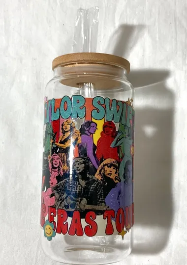 Discover Swift 16 Oz GLASS WATER TUMBLER JAR with PYREX STRAW ~ ERAS TOUR
