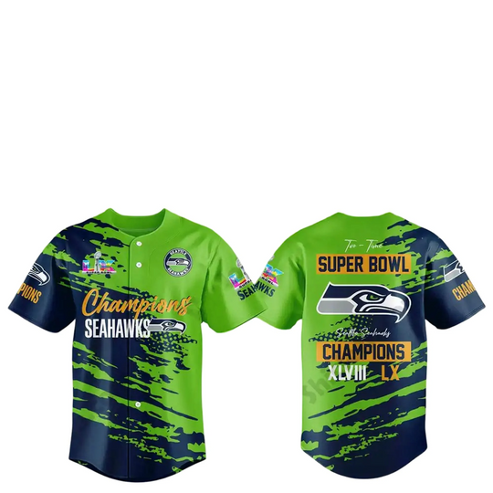 2026 Seahawks Champions Two Time Super Bowl LX Baseball Jersey