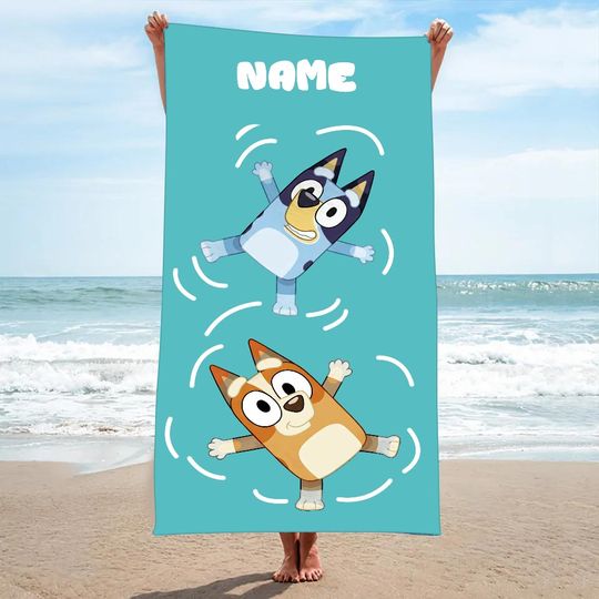 Personalized BlueyDad Beach Towel, Custom Name Towel for Kids, BlueyDad Cartoon Towel Gift for Summer Vacation