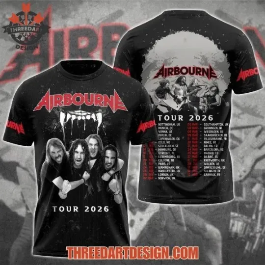 Discover Airbourne Tour 2026 3D T-Shirt Unisex All Over Print Tee