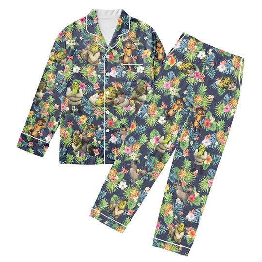 Funny Shrek Tropical Womens Pajama Set, Shrek and Fiona Disney Couple Pajamas, Shrek Sleepwear Gift, Shrek Donkey Home Wear