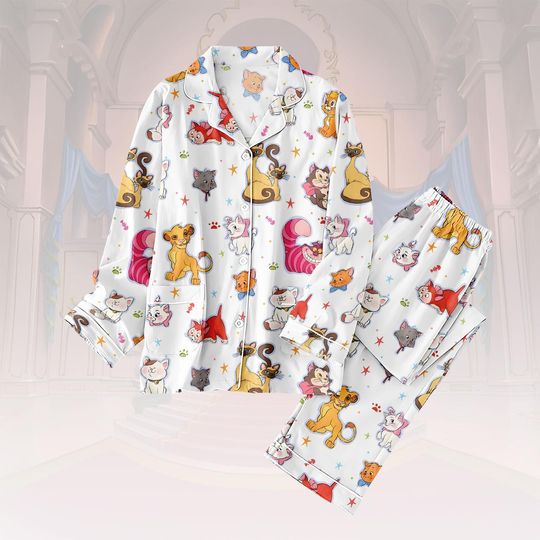 Discover Cartoon Cats Thick Pajama Set, Feline Friends Long Thick Pajamas, Lion Cat Long Pyjama, Women Matching PJs Set, Cute Gift for Cat Fan