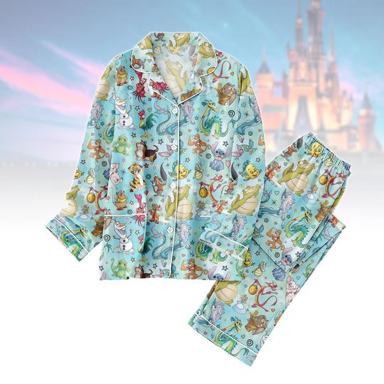 Discover Disney Characters Pajama Set, Cute Cartoon Sleepwear,  Olaf Stitch Mushu Pascal Abu Movie Lounge Set, Disney Fan Gift